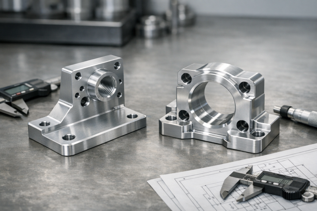 Two precision aluminum CNC machined parts presented for material comparison