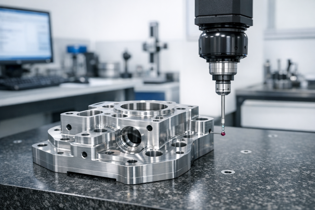 CNC machined part being measured on a coordinate measuring machine in a quality lab