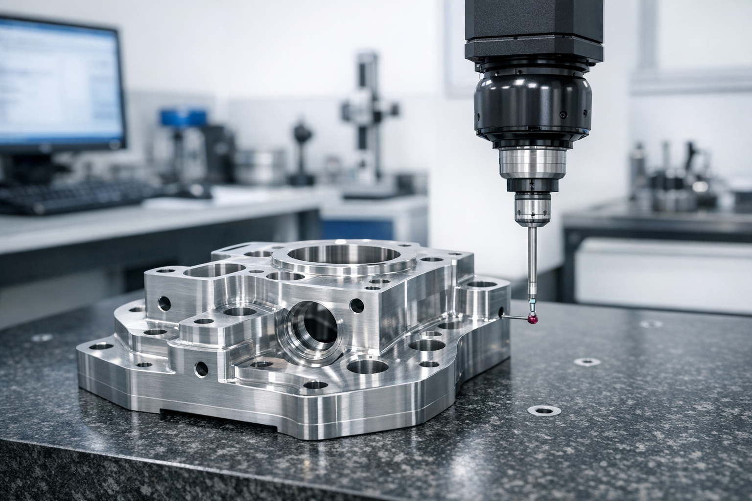 CNC machined part being measured on a coordinate measuring machine in a quality lab