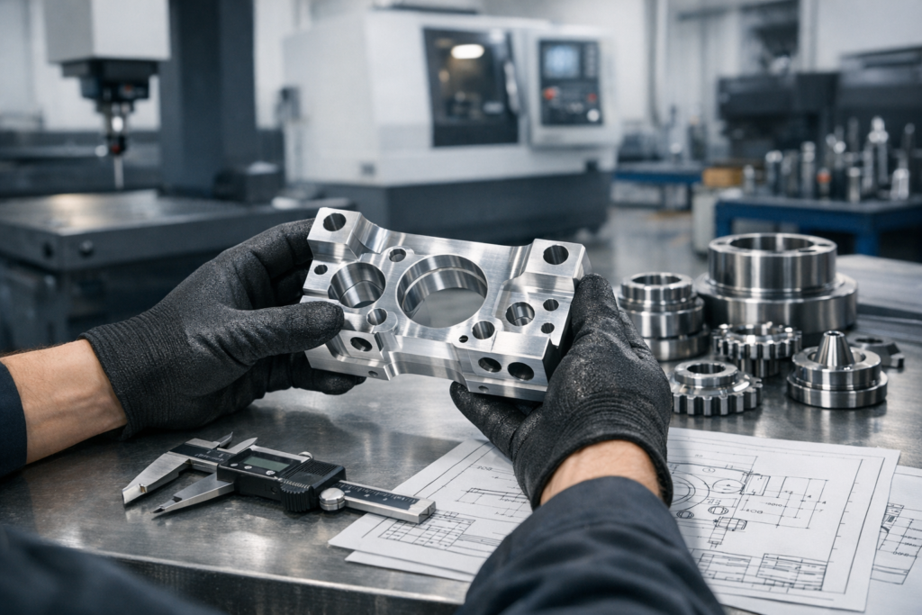 Engineer evaluating a precision CNC machined part in a modern machine shop