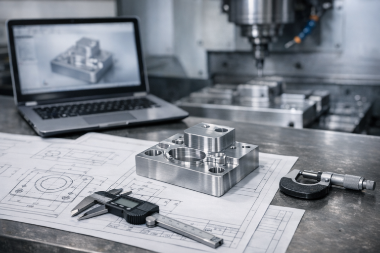 CNC prototype part with technical drawings and measuring tools on an engineering workstation