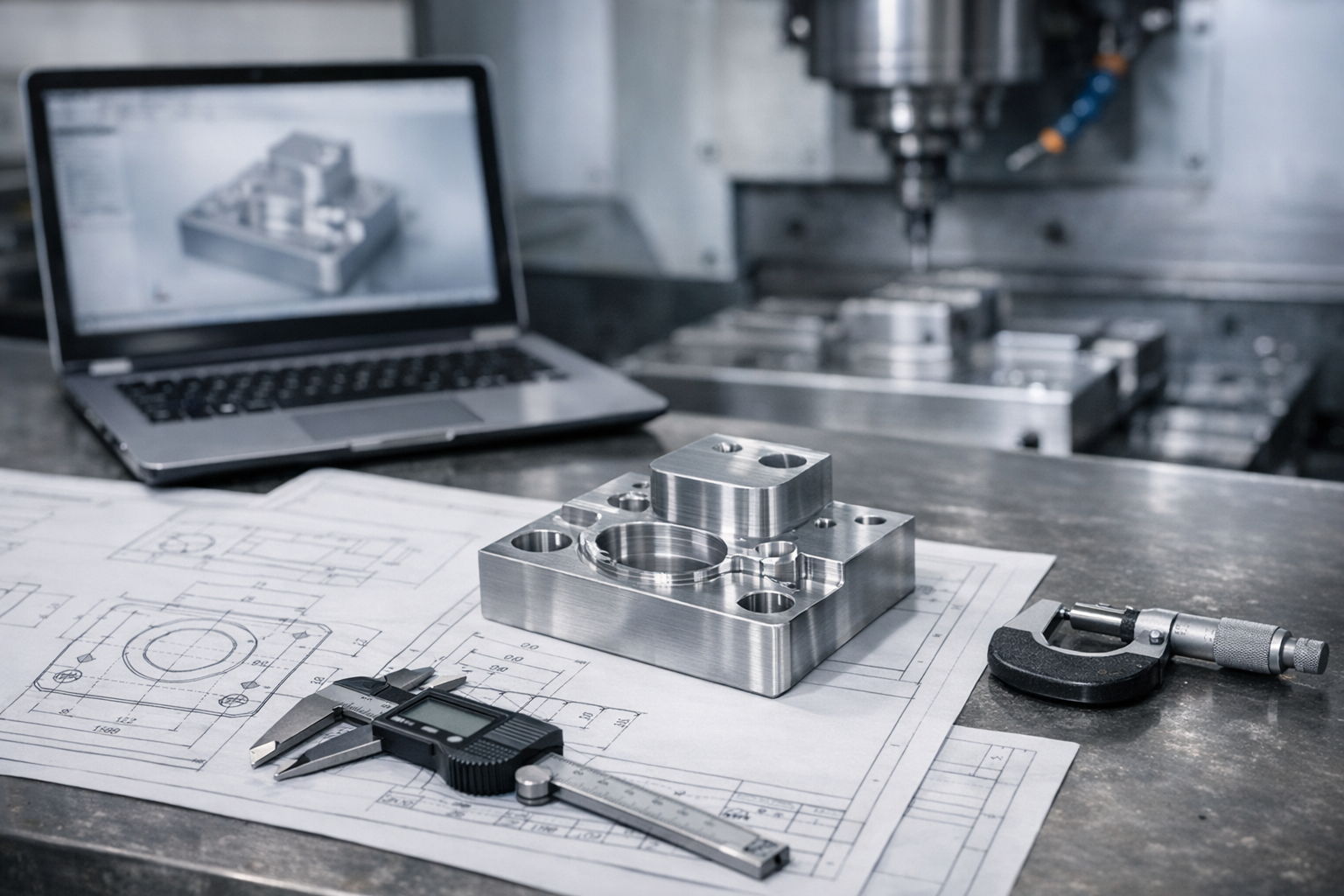 CNC prototype part with technical drawings and measuring tools on an engineering workstation